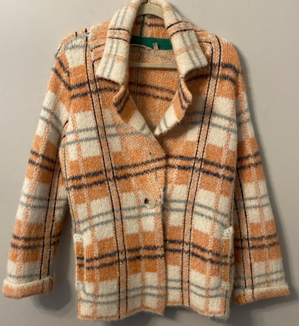 Soft Surroundings Briony Knit Cardigan Jacket Womens M Orange Plaid Fuzzy